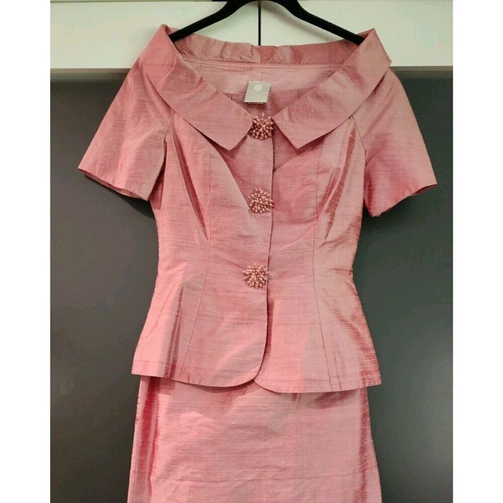 Watters & Watters Beaded Dupioni Silk Maxi Skirt & Blouse Set Lined XS Pink Read